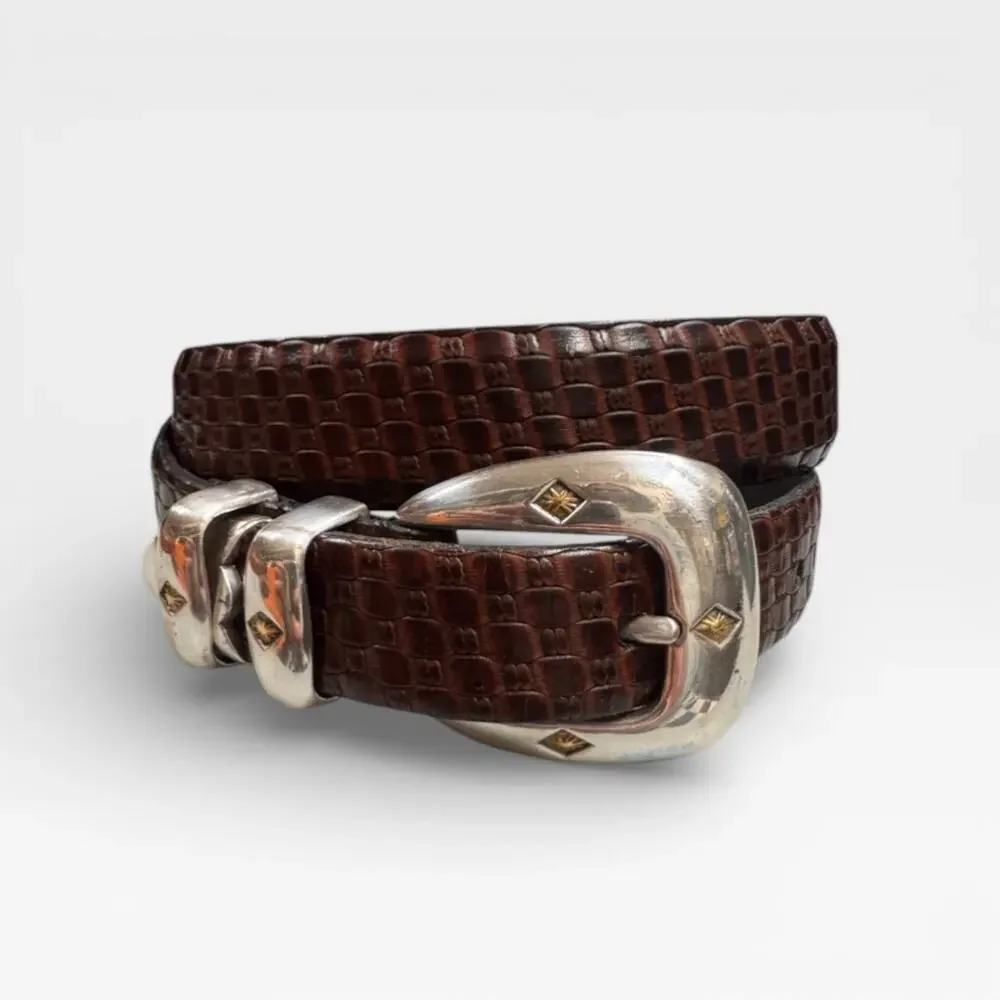 Vtg 1990s Talliani Italian Calfskin Braided Leather Belt Men's 32 Brown Silver